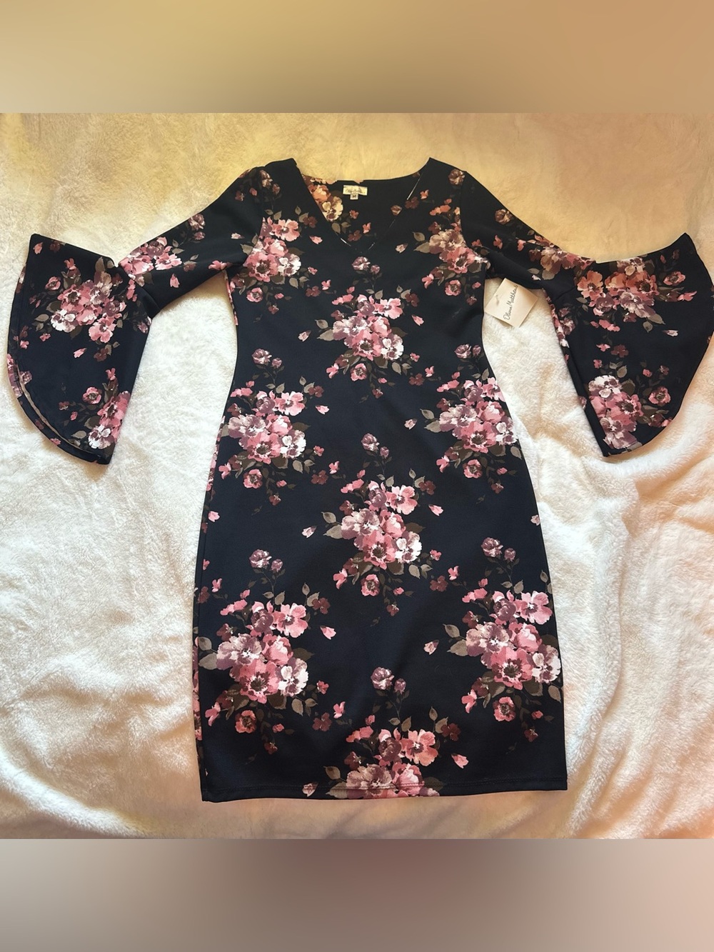 Olivia Matthews Black Floral Bell-Sleeve Whimsigoth Fairy Dress